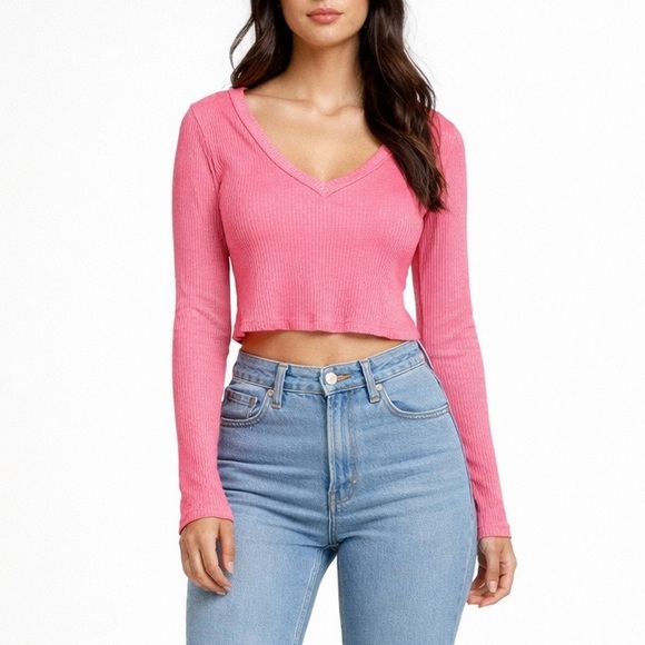 Free People Tops - Free People We The Free Organic Cotton Pink V-Neck Crop Thermal Top size medium